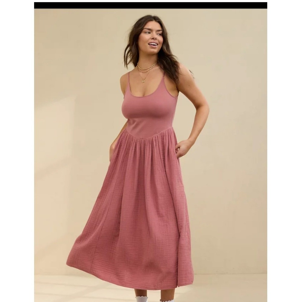 Aerie Real Me Gauze Maxi Dress Dusty Rose Pink Adjustable Straps Pockets